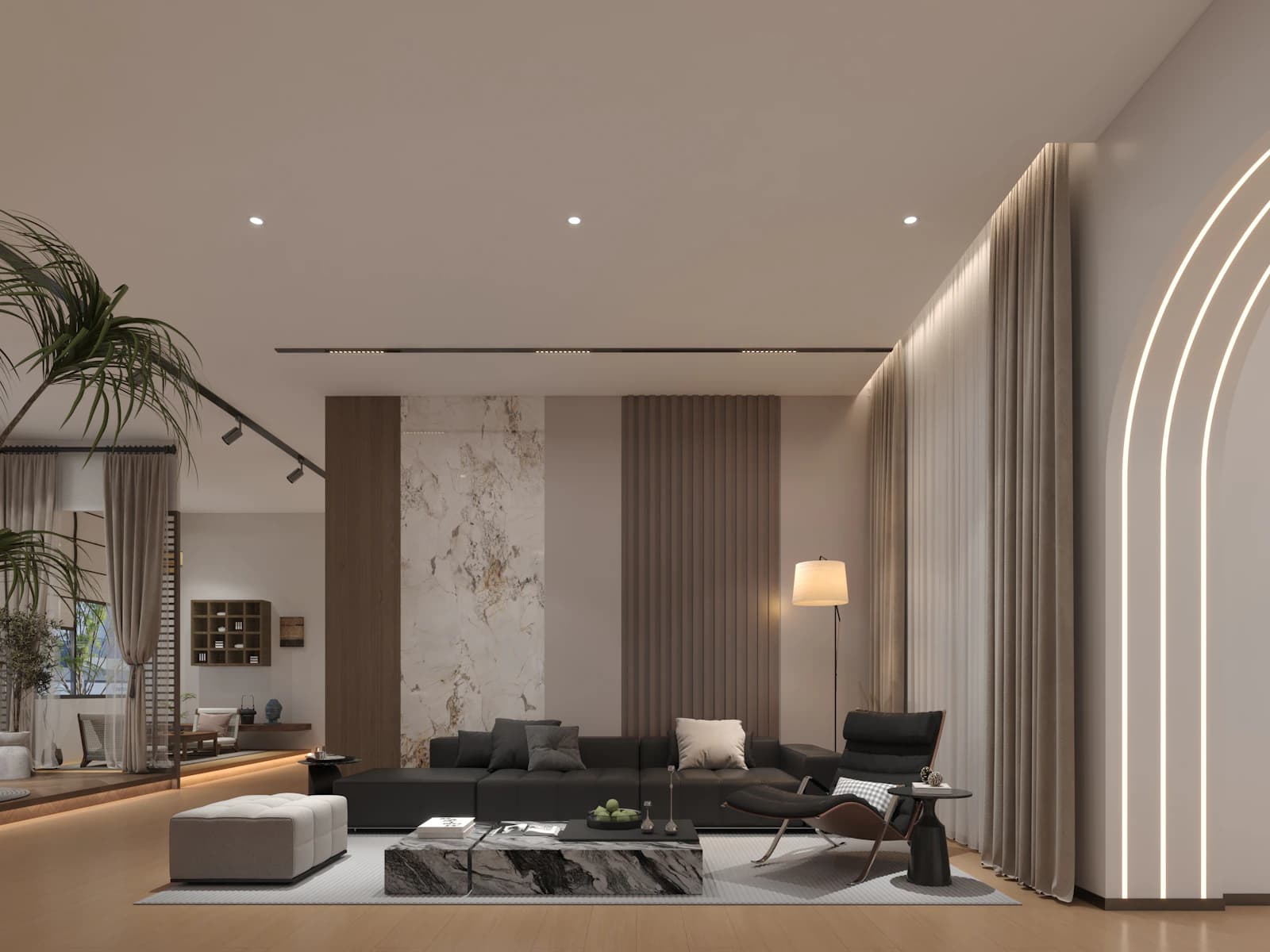 Contemporary living room with warm architectural lighting