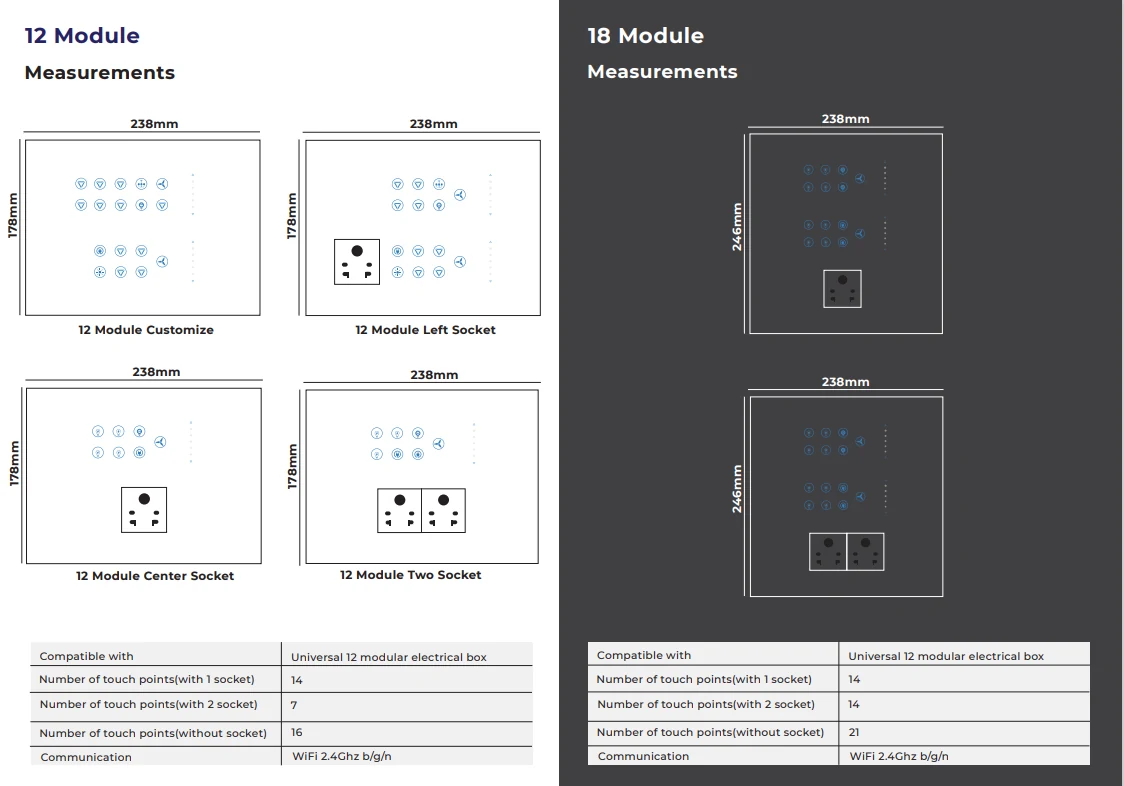 Client Sense-I technical diagrams for 12 and 18-module touch switches