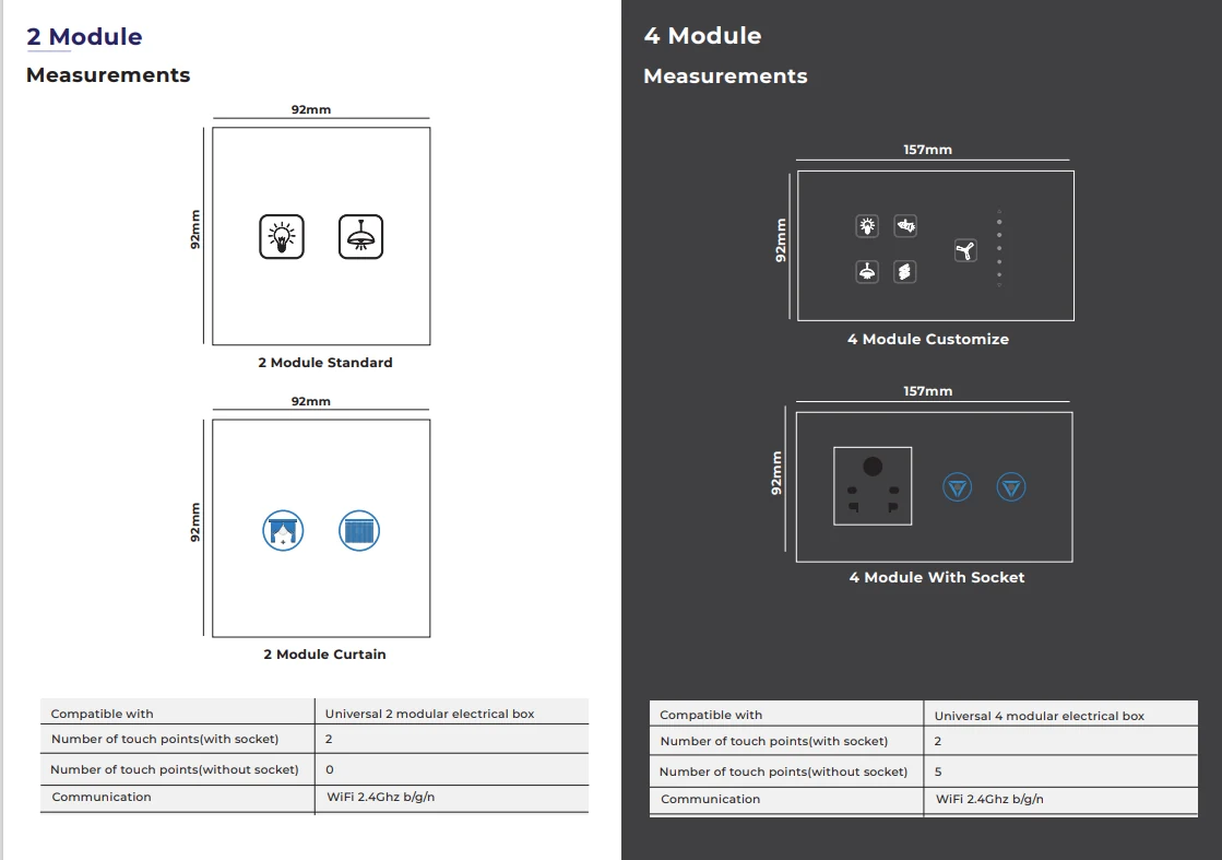 Client Sense-I technical diagrams for 2 and 4-module touch switches
