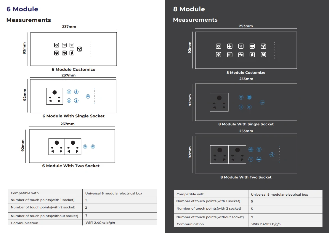 Client Sense-I technical diagrams for 6 and 8-module touch switches